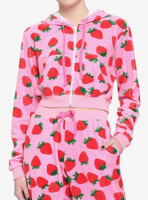Pink Velour Strawberry Girls Crop Hoodie