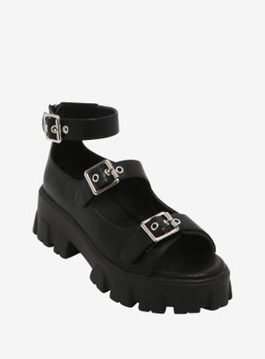 Black Triple Buckle Chunky Platform Sandals