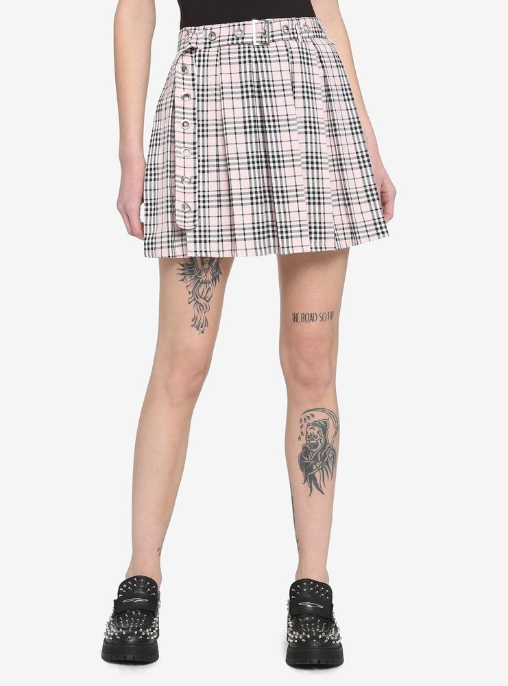 Pink & White Plaid Grommet Belt Skirt