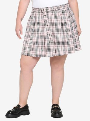 Pink & White Plaid Grommet Belt Skirt Plus
