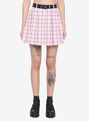Pink & Black Grid Pleated Skirt With Grommet Belt
