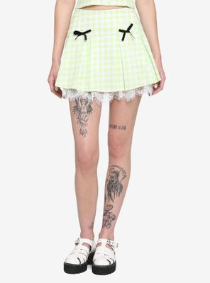 Lime Green Buffalo Plaid Lace Trim Skirt