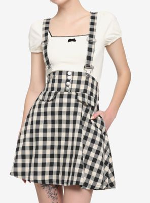 Ivory & Black Plaid Bow Suspender Skirt