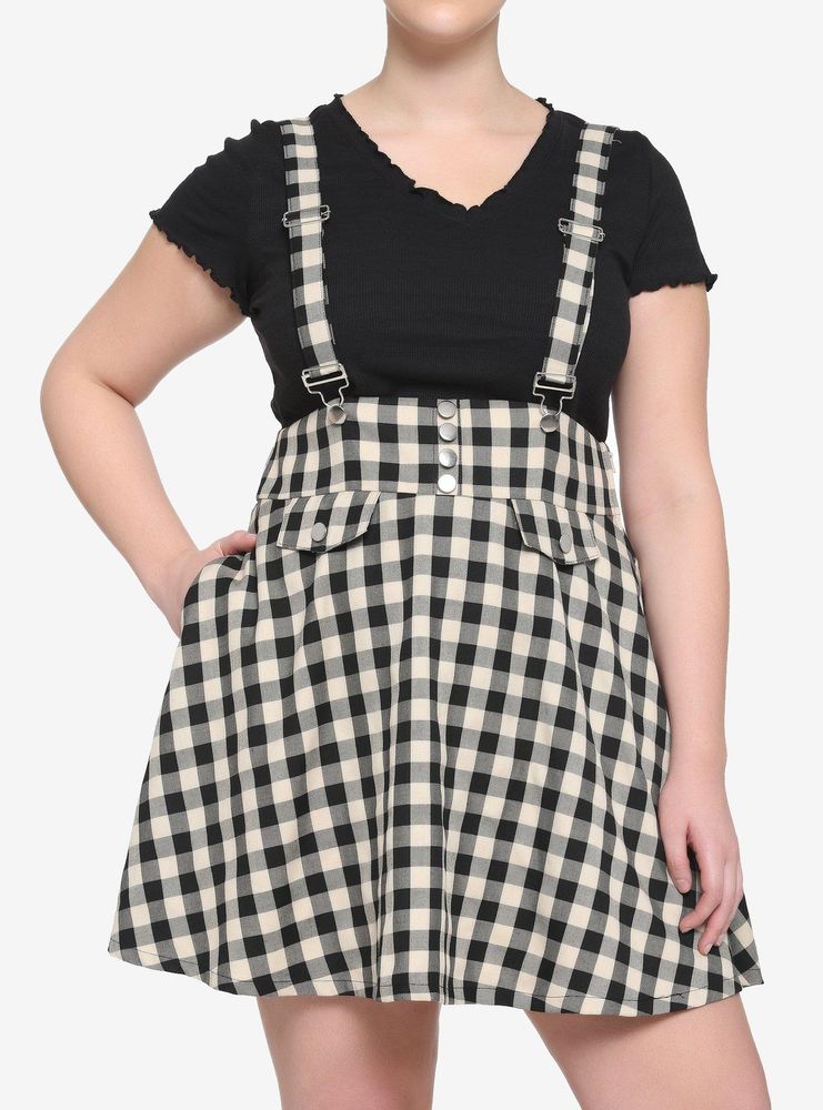 Ivory & Black Plaid Bow Suspender Skirt Plus Size