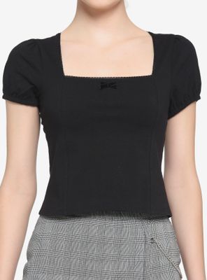 Black Square Neck Puff Sleeve Girls Top