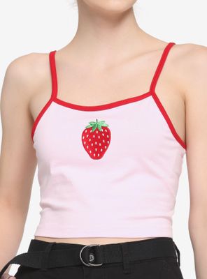 Pink Embroidered Strawberry Girls Crop Strappy Tank Top