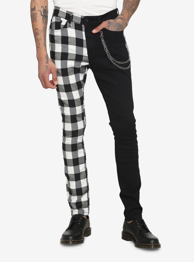 Hot Topic [NEW] Black & Rainbow Split Plaid Stinger Jeans With Chain Size  28 - $32 - From T