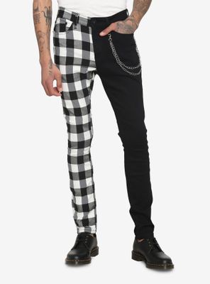 Black & White Checkered Split Leg Chain Stinger Jeans