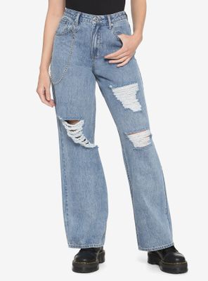 Destructed Side Chain Wide Leg Denim Jeans
