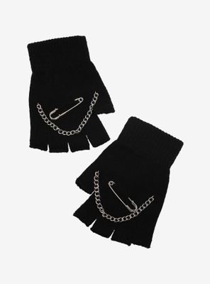 Chain & Safety Pin Black Fingerless Gloves
