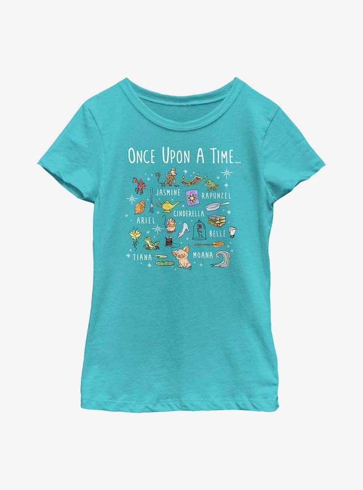 Disney Princesses Hand-Drawn Icons Youth Girls T-Shirt