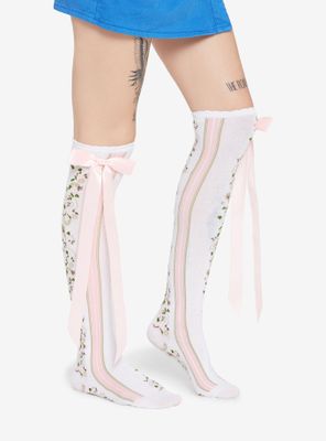 Pink Floral With Bow Over-The-Knee Socks