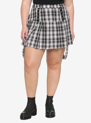Black White & Red Plaid Grommet Suspender Skirt Plus