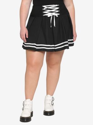 Black & White Lace-Up Pleated Skirt Plus
