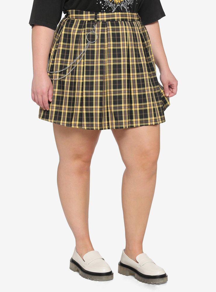 Yellow Plaid O-Ring Pleated Skirt Plus Size