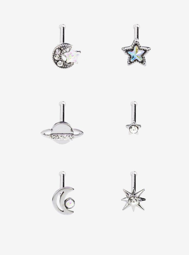 Steel Silver Sparkling Planets Nose Stud 6 Pack