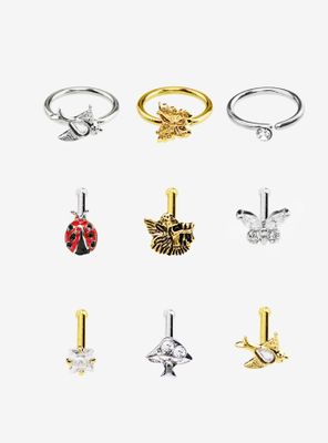 Steel Cottagecore Forest Nose Stud & Hoop 9 Pack