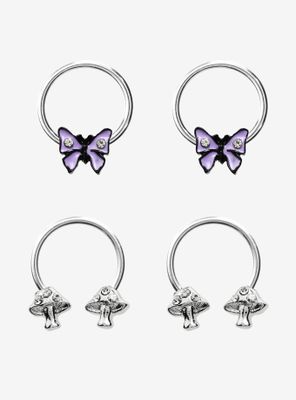 Steel Silver Mushroom Butterfly Circular Barbell & Captive Hoop 4 Pack
