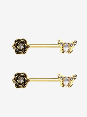 Steel Gold Butterfly Nipple Barbell 2 Pack