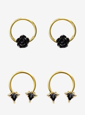 Steel Gold Black Rose Bumblebee Gem Captive Hoop & Circular Barbell 4 Pack