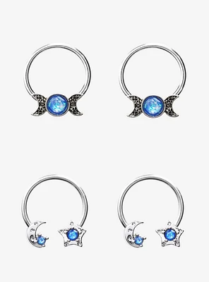 Steel Silver Celestial Blue Gem Circular Barbell & Captive Hoop 4 Pack