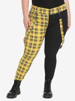 Black & Yellow Plaid Split Suspender Skinny Jeans Plus