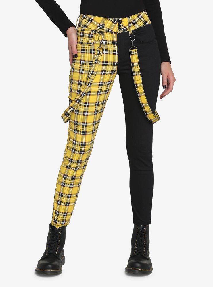 Black & Yellow Plaid Split Suspender Skinny Jeans