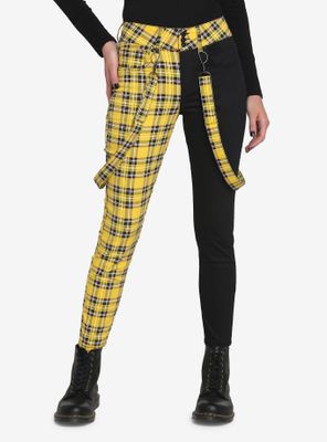 Black & Yellow Plaid Split Suspender Skinny Jeans