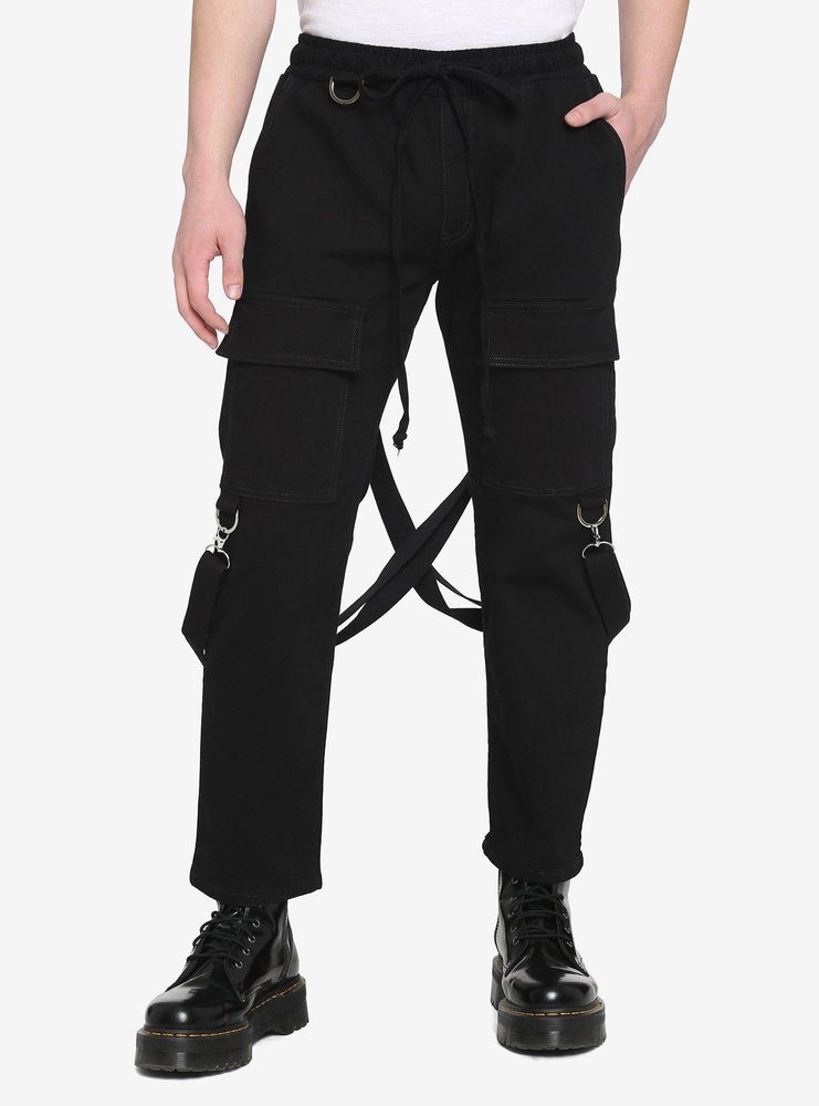 Black Suspender Wide Leg Cargo Pants