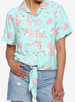 Mint Rose Girls Tie-Front Woven Button-Up
