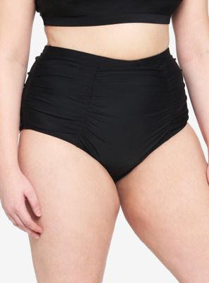 Black Ruched High-Waisted Swim Bottoms Plus