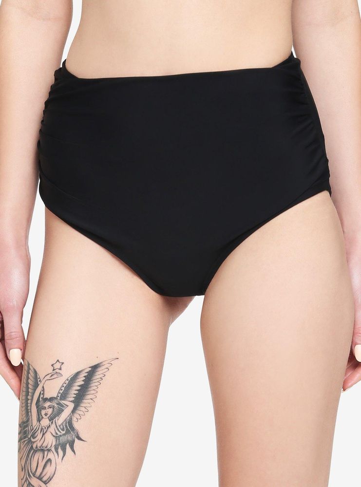 Black Ruched High-Waisted Swim Bottoms