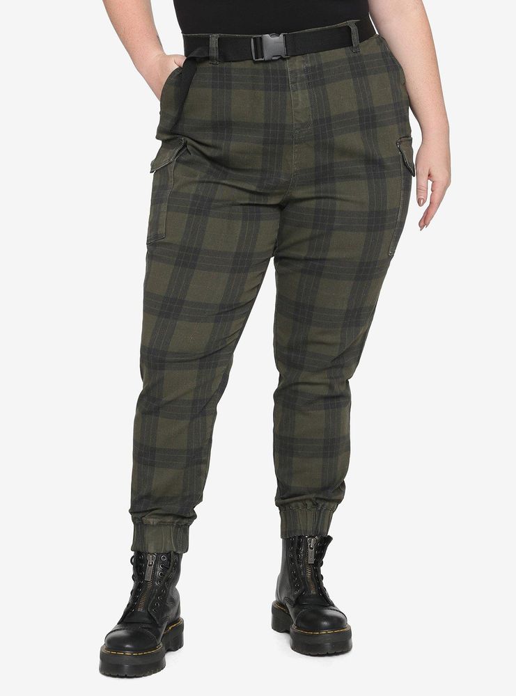 Green Plaid Cargo Jogger Pants With Buckle Belt Plus