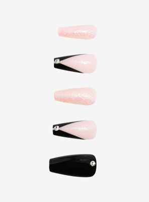 Black & Pink Glitter Rhinestone Chevron Faux Nail Set