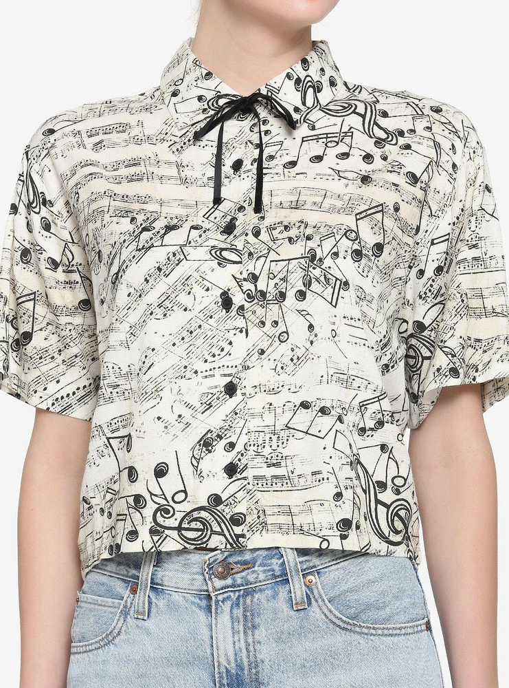 Music Notes Boxy Girls Crop Woven Button-Up