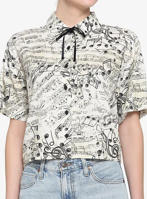 Music Notes Boxy Girls Crop Woven Button-Up