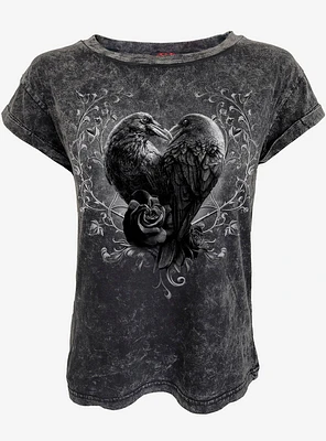Raven Heart Acid Wash Turnup Sleeve T-Shirt