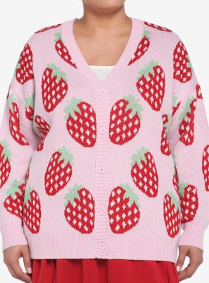 Pink Strawberry Button-Front Girls Cardigan Plus