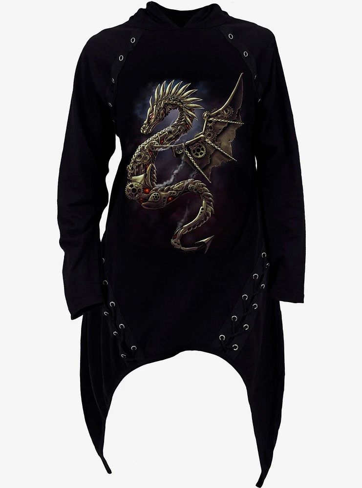 Dragon Cogs Lace Up Asymmetrical Hoodie