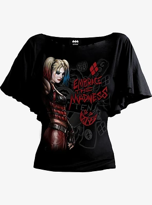 DC Comics Harley Quinn Embrace Madness Boat Neck Bat Sleeve Top