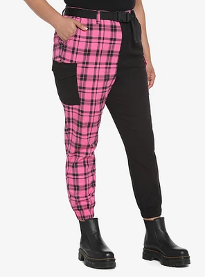 Pink Plaid Split Jogger Pants Plus Size