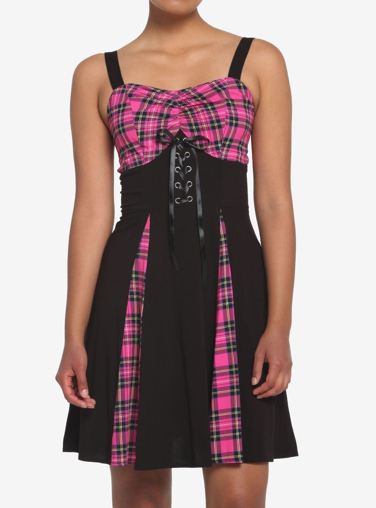 Pink Plaid & Black Lace-Up Dress