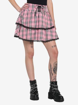Pink Plaid Lace-Up Tiered Skirt