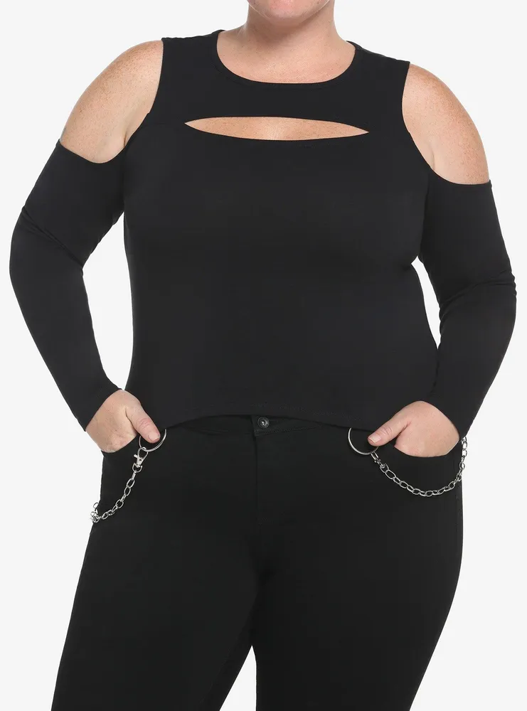 Black Cutout Cold Shoulder Girls Long-Sleeve Top Plus Size