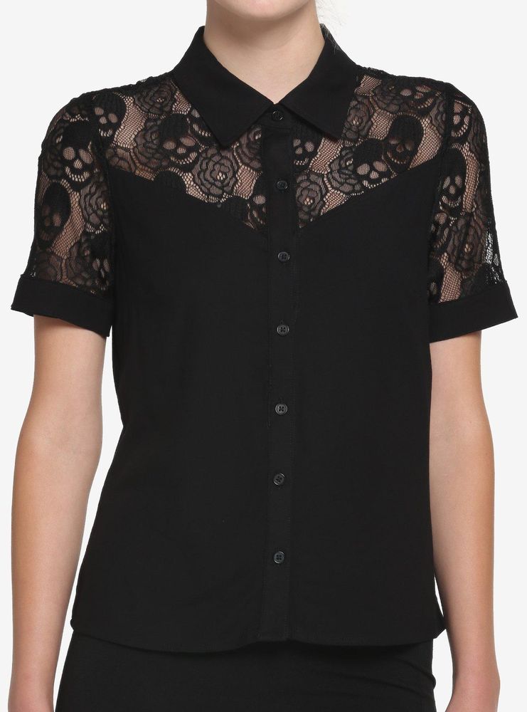 Black Skull Lace Girls Woven Button-Up
