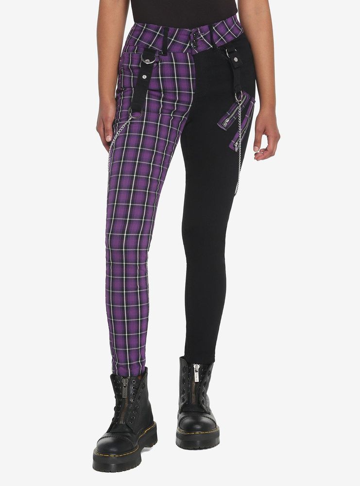 Hot Topic Black & Purple Plaid Split Super Skinny Jeans