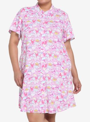 Hello Kitty And Friends Pastel Collage Button-Up Dress Plus