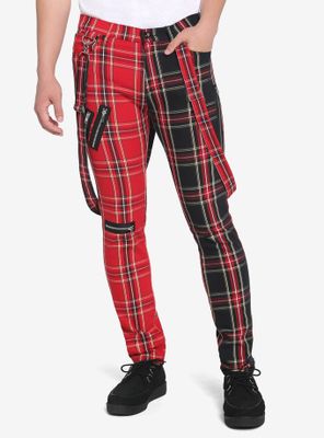 HT Denim Red & Black Double Plaid Suspender Stinger Jeans