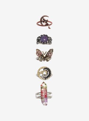 Antique Steampunk Butterfly Crystal Ring Set