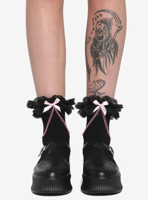 Black & Pink Chain Ruffle Ankle Socks